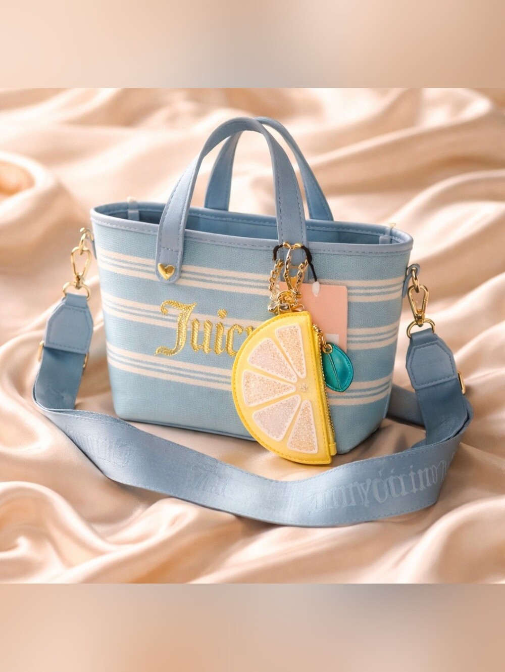 Juicy Couture Light Blue and White Striped Mini Tote with Yellow Lemon Charm
